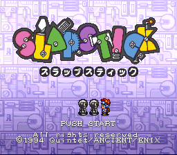 The title screen displays a large colorful logo with 'SLAPSTICK' in pink, yellow, blue, and purple letters against a light purple background filled with small repeating game icons. Below the logo, three small sprite characters stand in a row on a dark platform. Japanese text appears beneath the characters, followed by white English text reading 'PUSH START' and 'Press Button to START/ANCIENT ENIS.' The overall visual style uses 16-bit SNES-era pixel art with a bright pastel color scheme.