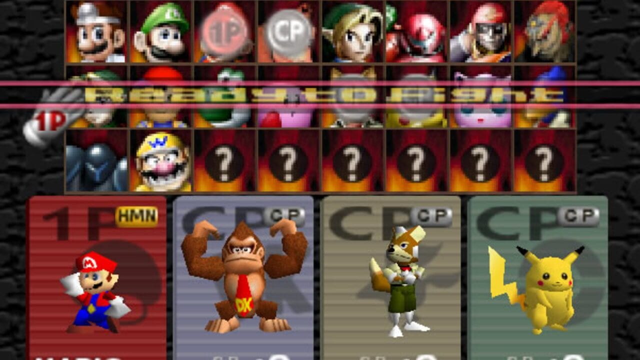 A character select screen displays eight fighter portraits in the top row, including Mario with a white cap, Luigi in green, two circular icons labeled 'UP' and 'CP', a blonde female character, a masked fighter, and two others. Below are empty slots marked with question marks. The bottom section shows four large character cards: Mario on red background labeled 'HMM', Donkey Kong flexing on blue background with 'CP', a squirrel character in overalls on tan background with 'CP', and Pikachu on green background with 'CP'. The interface uses a dark maroon and black color scheme with pixelated 64-bit era sprite graphics.