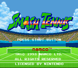 The title screen displays the "Smash Tennis" logo in large green and multicolored letters at the top center against a blue sky background with white clouds. Below the title, a tennis stadium with green field and white boundary lines is visible. At the bottom, "PRESS START BUTTON" appears in white text, followed by copyright information for Namco Ltd., dated 1993, and "ALL RIGHTS RESERVED" with licensing text. The overall art style uses bright 16-bit sprites and a parallax scrolling background.
