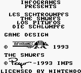 The Smurfs title screen displays text-based credits and licensing information centered on a black background. At the top, developer and publisher names appear in white serif font, followed by copyright and game design credits. A small pixelated Smurf character sprite is visible in the upper-left area. The bottom third contains Nintendo licensing text and a 1993 copyright date, with what appears to be developer initials or a signature. The overall design is minimal and text-heavy, typical of Game Boy title screens from this era.