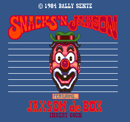 The title screen displays 'SNACKS'N JAXSON' in large red letters across the top, with a copyright notice for 1984 Bally Sente above it. A clown face with a red nose, wide grin, and yellow hat occupies the center, positioned behind horizontal blue lines. Below the clown, red text reads 'FEATURING' followed by 'JAXSON J. BOB' and 'INSERT COIN' in smaller letters. The background is solid dark blue, typical of early 1980s arcade aesthetics.