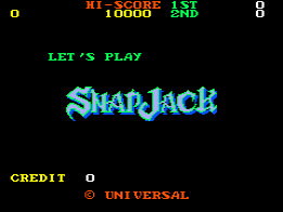 The title screen displays "LET'S PLAY" in green text above a cyan-colored "SNAP JACK" logo in the center. The top of the screen shows a score display with "0" on the left, "HI 10000" and "1ST" in red text in the middle, and "0" on the right. Below the title, "CREDIT 0" appears in green text on the left, with a red Universal copyright symbol and "UNIVERSAL" text centered beneath. The background is solid black. The overall visual style uses bright colors against a dark background typical of early 1980s arcade displays.