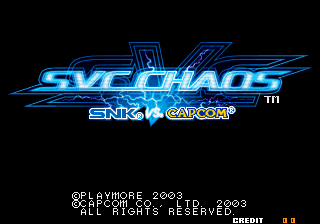 The title screen displays the SNK vs. Capcom - SVC Chaos logo in large blue neon-style lettering at the top center, with the SNK and Capcom company logos positioned below in smaller text. The background is black. Copyright information and release date text appear in white at the bottom of the screen, reading "©PLAYMORE 2003 © CAPCOM 2003 ALL RIGHTS RESERVED" along with version information. The overall composition is centered and symmetrical against the dark background.