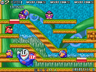 A multi-level platformer stage with four rounded characters positioned across horizontal brown platforms suspended over blue water. The top-left corner displays player scores and coin insert prompts in red text boxes. Green terrain and foliage form the background, with a brown wooden aesthetic throughout the level design. UI elements show "EXTRA" and "CREDITS 01" in the lower corners. The sprite-based graphics feature bright primary colors typical of early 1990s arcade hardware.