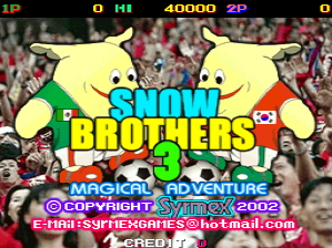 Two identical yellow character sprites with red accents face each other on a crowd-filled stadium background. The title 'SNOW BROTHERS 3' appears in large cyan and yellow text with a green numeral 3. Below reads 'MAGICAL ADVENTURE' in smaller cyan text, followed by copyright information and an email address for Syrmex at the bottom. A score display shows '40000' and '2P' in the upper portion against a red and dark crowd scene.