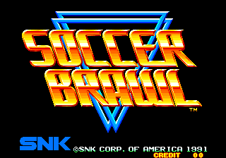 The title screen displays 'SOCCER BRAWL' in large orange and yellow pixelated letters with blue outlines and angular geometric shapes above and below. The SNK logo and copyright text 'SNK CORP. OF AMERICA 1991' appear in blue at the bottom of the screen against a black background. The lettering uses a bold arcade-style font typical of early 1990s SNK releases.