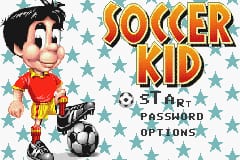 The title screen displays a cartoon boy character in red clothing on the left side, rendered in bright pixel art style. Large yellow and orange text reading 'SOCCER KID' dominates the upper right portion. Light blue stars scattered across a white background fill the screen. Below the title, menu options for 'START', 'PASSWORD', and 'OPTIONS' are visible in black text. The character holds a soccer ball and stands in a dynamic pose against the starry backdrop.