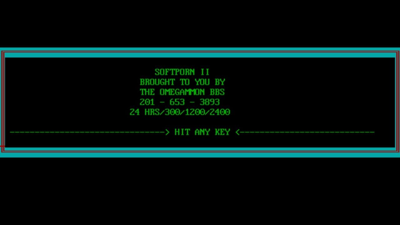 A black screen displays green monospace text centered in a cyan-bordered box. The text reads "SOFTPORN II BROUGHT TO YOU BY THE OMEGAMON BBS" followed by a phone number "201-653-3893" and modem specifications "24 HRS/300/1200/2400". Below this information, a line of dashes with arrows points to the instruction "HIT ANY KEY" in the center. The overall display uses classic green-on-black terminal aesthetics typical of early computer bulletin board systems.