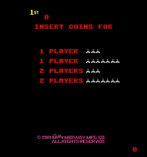 The title screen displays "1ST 0" in yellow at the top, followed by "INSERT COINS FOR" in red text. Below are four gameplay options listed in red: "1 PLAYER" with three white spaceship sprites, "1 PLAYER" with six white spaceships, "2 PLAYERS" with three spaceships, and "2 PLAYERS" with six spaceships. The black background is minimal. At the bottom, copyright text reads "©1981 BALLY MIDWAY MFG CO. ALL RIGHTS RESERVED" in red, with a score "0" displayed in the bottom right corner.