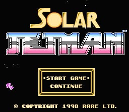 The title screen displays the Solar Jetman logo in large gold and pink pixelated letters against a black background. Below the title sits a menu box with a yellow border containing two white text options: START GAME and CONTINUE. A small pink spacecraft sprite appears in the lower-left corner. Copyright text reading © COPYRIGHT 1990 RARE LTD. is centered at the bottom. The overall visual uses an 8-bit NES color palette with distinct pixel-art styling typical of early 1990s game design.