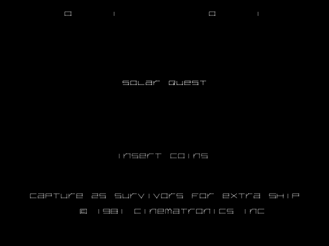 The title screen displays 'SOLAR QUEST' in pixelated text centered in the upper portion against a black background. Below that, 'INSERT COINS' appears in the middle of the screen. At the bottom, copyright text reads 'CAPTURE 25 SURVIVORS FOR EXTRA SHIP © 1981 CINEMATRONICS INC' in small pixelated letters. Small rectangular markers appear in the top corners. The entire display uses a monochrome green vector-style font typical of early 1980s arcade cabinets.