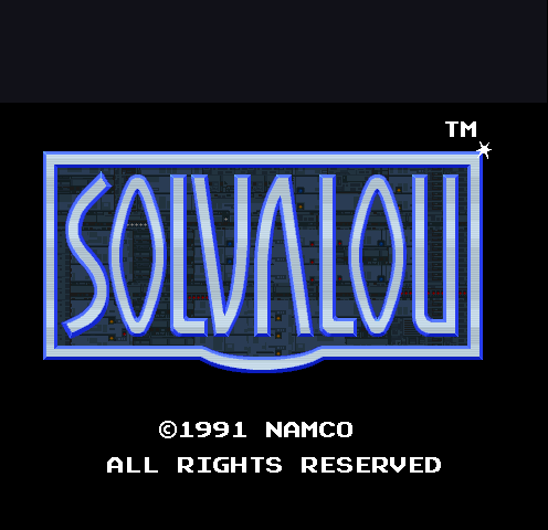 The title screen displays 'SOLVALOU' in large blue neon-style lettering with a thick outlined border, centered on a black background. Below the logo sits a small blue wave or curved line decoration. The copyright text '©1991 NAMCO' and 'ALL RIGHTS RESERVED' appears in white at the bottom. A TM symbol is visible in the top-right corner. The overall aesthetic uses a dark palette with bright blue highlights typical of early 1990s arcade graphics.