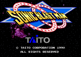 The title screen displays a large red neon-style logo reading "SONIC BLAST MAN" against a black starfield background. A blue lightning bolt shape frames the text, with red circular lights along its edges. Below the logo, purple nebula-like clouds appear in the lower-left corner. The Taito Corporation copyright notice and "ALL RIGHTS RESERVED" text are centered at the bottom in white pixels. The overall aesthetic uses bright primary colors—red, blue, and yellow—typical of early 1990s arcade styling.