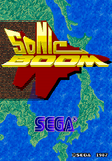 The Sonic Boom title logo dominates the center in large yellow and red lettering against a blue and teal map background with green landmass details. The SEGA wordmark appears below the title in blue outlined text. A horizontal line pattern fills the upper portion, and the image uses a bright 8-bit color palette typical of mid-1980s arcade graphics.