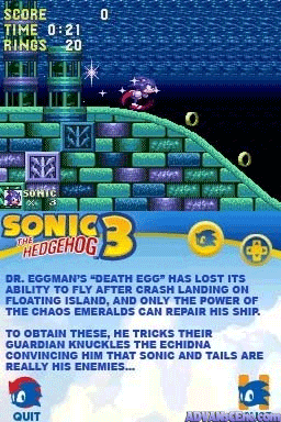 Sonic the Hedgehog 3 gameplay on a water-themed level with blue parallax background and teal-green block platforms. The HUD displays Score 0, Time 0:21, and Rings 20 in yellow text at top-left. Sonic's sprite appears mid-screen above floating platforms. Yellow ring monitors are visible on the right side. Below the gameplay window, instruction text in white describes abilities including flying, crash landings, and obtaining Chaos Emeralds through Guardian Knuckles encounters. The Nintendo DS bottom screen shows menu options including Quit and what appears to be a game selection interface.