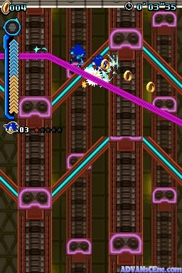 Sonic navigates a vertical autoscrolling stage filled with neon-pink and cyan tube pathways against brown brick walls. The blue hedgehog sprite appears in the center-left area mid-movement. Purple and magenta circular obstacles and decorative elements line the tubular corridors. A score display reads "Good" at the top-left, with a ring counter showing 83 on the left edge and timer information visible at the top-right. The level uses a bright neon color palette typical of DS-era sprite-based graphics with layered depth suggesting multiple platforms.