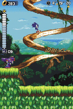A purple-clad character runs across wooden vine platforms suspended in a lush green jungle environment with layered parallax background showing sky and distant foliage. The HUD displays 283 rings in the top-left corner, a timer showing 4:19:20, and a lives counter in the bottom-left showing 09. Additional UI elements include a character portrait indicator in the lower-right. The sprite-based art features colorful 16-bit style graphics with detailed vegetation in the foreground and mid-ground layers creating depth.