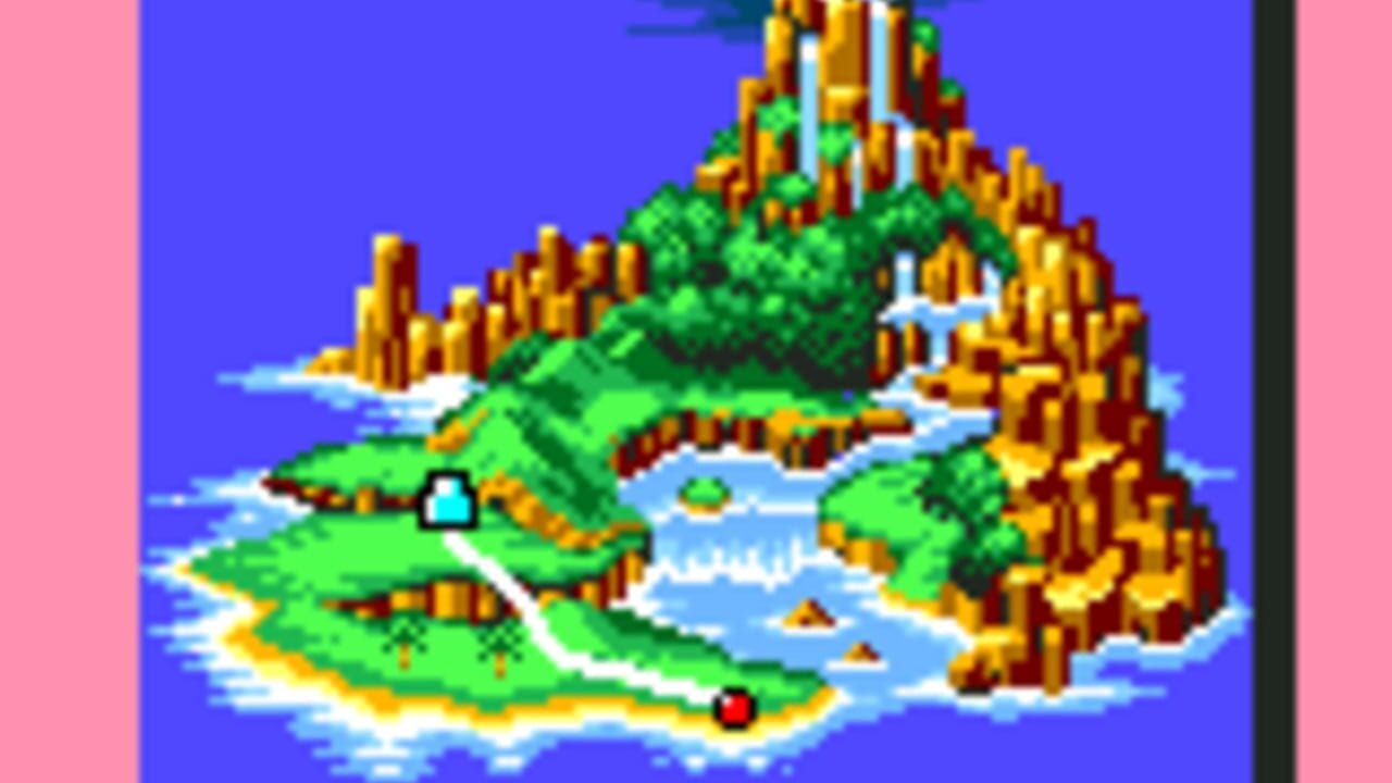 An isometric 3D-rendered island landscape dominates the center, featuring green terrain, golden-brown rocky outcroppings, and blue water channels. A small white house sits on the left hillside, while a red sphere appears in the lower-left corner. The sky is bright blue, and the island is surrounded by blue water with white foam edges. Tall golden spikes and structures rise from the terrain in various locations. The overall art style uses bright, saturated colors typical of early 1990s Sega Genesis graphics with clear pixelation and blocky 3D polygonal modeling.