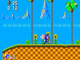 A character stands in a green pipe-filled level with a checkered brown ground and bright blue sky. Two loops and palm trees are visible in the background. The UI displays a score counter showing 25, a time counter at 0:12, and a ring counter at 50 in the lower left. Sprite-based graphics render the scene in 8-bit resolution with a distinct yellow and green color palette for obstacles and a light blue water line visible in the mid-ground.