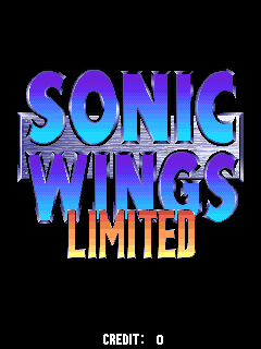 The title screen displays "SONIC WINGS" in large blue and purple gradient lettering at the center, with "LIMITED" in yellow text below. The logo uses a metallic, beveled effect typical of 1990s arcade styling. A black background fills the screen, with "CREDIT: 0" displayed in white text at the bottom left in a standard arcade font.