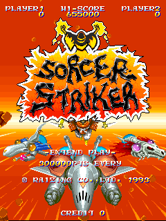 The title screen displays "SORCER STRIKER" in large orange pixelated text with a yellow explosive burst effect behind it, centered against a red gradient background. Above the title, player scores and credits appear in white text. Below, two blue and yellow sprite-based aircraft are positioned symmetrically on either side of a desert landscape with orange sand dunes. At the bottom, copyright information and credits are printed in small white text, with a coin counter showing "CREDIT 1" in the lower left corner.
