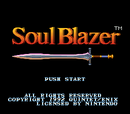 The Soul Blazer title screen displays the game's logo in orange and red gradient text at the top center, with a registered trademark symbol. Below the title sits a detailed sword sprite rendered in blue and silver tones, positioned slightly right of center. White text reading 'PUSH START' appears in the middle-lower area. Copyright and licensing text in small white font fills the bottom third, stating all rights reserved, copyright Quintet 1992, and that the game is licensed to Nintendo. The background is solid black.
