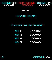 The title screen displays cyan text on a black background. At the top, score displays show "SCORE 1" with 000325 and "TOP-SCORE" with 000000, plus "SCORE 2" with 000000. Below sits a "PLAY" button centered, followed by "SPACE BEAM" in larger text. A "TODAY'S HIGH SCORE" section lists five numbered entries (NO 2 through NO 5, with NO 1 absent), each showing 000000. At the bottom left is a small circle symbol, and the bottom right displays "CREDIT 00". The entire interface uses a simple monospace font typical of late-1970s arcade cabinets.