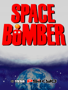 The title screen displays bold red letters spelling 'SPACE BOMBER' across the upper half against a light gray background. Below the text sits a rendered view of Earth with a blue atmosphere and white clouds, set against a starry dark space background with a visible horizon line. Copyright notice reading '©1998 PSIKYO' appears in the lower right corner in white text.