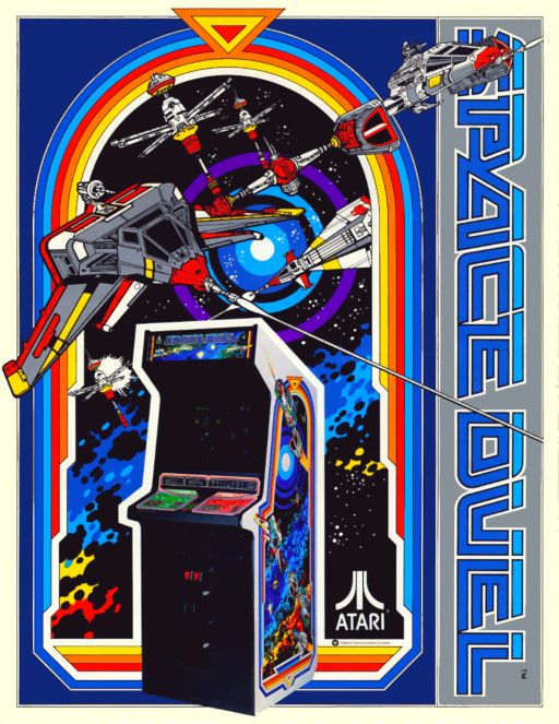 An arcade cabinet artwork for Space Duel displays a black upright machine in the lower center with a blue monitor screen and red and yellow control panel. Above and around the cabinet, a vibrant rainbow-bordered illustration shows multiple gray and red spacecraft with blue engines firing against a black starfield dotted with yellow asteroids and blue explosions. The Atari logo appears in the bottom right corner, and the game title reads vertically in blue letters on the right side of the image against a dark background.