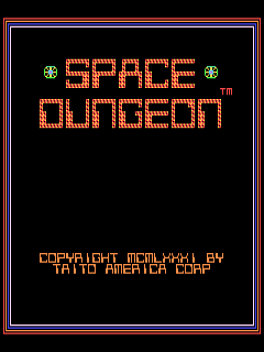 The title screen displays "SPACE DUNGEON" in large orange pixelated letters centered on a black background, with a small green circular icon on each side. Below the title, white text reads "COPYRIGHT MDMLXXXI BY TAITO AMERICA CORP" in a thin, uppercase pixel font. The entire screen is framed with a thin orange border. The visual style is characteristic of early 1980s arcade games, featuring blocky dot-matrix typography against a solid black field.