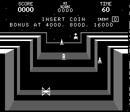 A black and white arcade screen displays a maze-like structure with concentric rectangular corridors. At the top, a status bar shows SCORE 0000, STAGE 00000, TIME 60, and INSERT COIN instructions with a BONUS AT 4000 message and NEXT 16000 indicator. A small spaceship sprite appears near the center of the maze. The playfield uses thick gray and black lines forming the maze walls against a black background, typical of early 1980s arcade graphics with low resolution monochrome visuals.