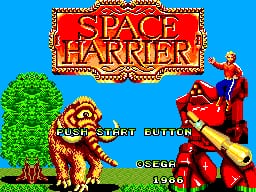 The Space Harrier title screen displays the red ornate logo at the top center against a bright blue background. Below it, a brown monkey character stands on the left side next to a green tree, while a red spaceship with a pilot figure appears on the right. Copyright and publisher information for Sega and the year 1986 are visible at the bottom in yellow text. The overall scene uses a limited 8-bit color palette with blocky pixel sprites typical of early SMS graphics.