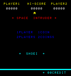 A black arcade title screen displays three score counters at the top in white and cyan text: PLAYER1, HI-SCORE, and PLAYER2, each showing 00000. Below that, the title "* SPACE INTRUDER *" appears in red text, centered. Further down, blue text reads "1PLAYERS 1COIN" and "2PLAYERS 2COINS". A white asterisk-bordered text block displays "* SHOEI *" in the middle section. At the bottom, a cyan horizontal line runs across the screen, with "* 08CREDIT" shown in cyan text at the lower right. The entire display uses a monospace, low-resolution pixel font typical of early 1980s arcade cabinets against a pure black background.