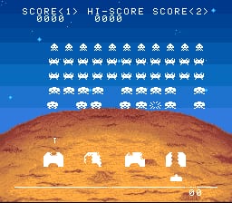 The top of the screen displays a two-part score readout showing SCORE<1> 0000 and HI-SCORE SCORE<2> 0000. Two rows of white alien invaders in formation occupy the upper portion against a blue starfield background. Below them sit three rows of additional enemies in similar formation. The lower half features a tan-colored desert or dune landscape in orange-brown tones. Four white player ship sprites are positioned in a row across the sandy terrain at the bottom, with a crosshair or target marker visible between them. Small white stars dot the night sky above.