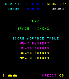 A black arcade screen displays the Space King 2 title menu with two score columns at the top showing 00000 for both players. The word PLAY appears centrally in green text, followed by SPACE KING-2. Below is a score advance table listing four enemy types with their point values in magenta and yellow: a magenta arrow worth 1 mystery points, a magenta star worth 30 points, a yellow star worth 20 points, and another yellow enemy worth 10 points. In the bottom left corner, three yellow pixel sprites resemble small creatures or ships. The bottom right displays CREDIT 00 in magenta text.