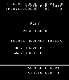 A black arcade title screen displays "SPACE LASER" in white text centered on the screen. Above it appears a score display showing "HISCORE 00000", "CREDIT 00", and player information. Below the title are menu options reading "PLAY" and "SPACE LASER", followed by a scoring guide indicating "M = 10-70 POINTS" and a flag symbol equals "1000 POINTS". At the bottom, white horizontal lines frame text reading "SPACE LASER" and "*TAITO CORP.*" in a sans-serif font typical of early 1980s arcade cabinets.