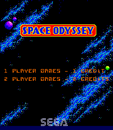 The title screen displays "SPACE ODYSSEY" in large red capital letters within a yellow rectangular banner centered near the top. Blue and cyan lightning bolt graphics streak diagonally across a black background. Below the title, two menu options appear in green pixelated text: "1 PLAYER GAMES" on the left and "2 PLAYER GAMES" on the right, with "START" indicators beside each. The SEGA logo appears in gray text at the bottom center. The overall aesthetic uses a limited color palette typical of early 1980s arcade hardware.