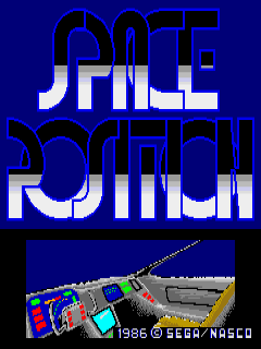 The title screen displays "SPACE POSITION" in large pixelated white letters against a solid dark blue background. Below the title, a colorful overhead-perspective screenshot of the game's playfield is visible, showing a maze-like arena with blue walls, red and cyan colored elements, and small pixel sprites representing game objects. A copyright notice reading "1985 © SEGA / NASCO" appears in small text at the bottom right of the gameplay preview.