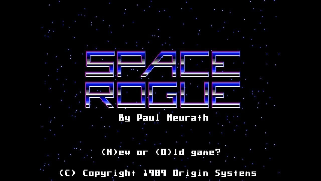 The Space Rogue title screen displays the game's logo in large blue and white outlined letters with a glitch effect across the middle letter. Below the title, white text reads 'By Paul Neurath'. A starfield of small blue and white dots fills the black background. At the bottom, white text prompts '(N)ew or (D)ld game?' followed by a copyright notice stating '(C) Copyright 1989 Origin Systems'.