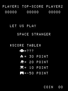 A black background displays the Space Stranger arcade title screen with white text. At the top, a three-column score display shows PLAYER1, TOP-SCORE, and PLAYER2, each reading 00000. Below, centered text reads "LET US PLAY" and "SPACE STRANGER". A score table lists five enemy types with their point values: a small UFO worth 777 points, a larger ship worth 30 points, a medium ship worth 20 points, another variant worth 10 points, and a bottom enemy worth negative 50 points. Each entry shows a small pixelated sprite beside its description. At the bottom, "COIN 00" appears in the lower right corner.