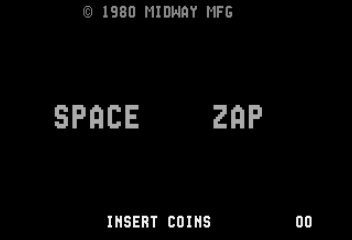 The title screen displays white pixelated text centered on a solid black background. At the top, a copyright notice reads '© 1980 MIDWAY MFG' in small lettering. The game title 'SPACE ZAP' appears prominently in large blocky letters across the center. Below the title, instructional text states 'INSERT COINS' on the left side, with a coin counter showing '00' on the right. All text uses a standard arcade bitmap font typical of early 1980s arcade cabinets.