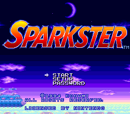 The Sparkster title logo appears centered in orange and red gradient lettering against a dark blue night sky with a purple crescent moon at top. Below stretches a gradient background transitioning from purple to cyan, with white menu text reading START, PASSWORD, and credits information. The overall color palette uses high contrast purples, oranges, and blues typical of 16-bit sprite graphics.