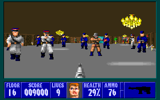 A first-person shooter view displays a gray stone corridor with multiple armed enemy soldiers in blue uniforms scattered across the floor ahead. A player character model appears in the lower center foreground. The bottom HUD shows floor number, score of 909000, three lives remaining, health at 292, ammo count of 76, and a minimap in the lower right corner. A yellow explosion or impact effect bursts in the upper center of the screen. The overall color palette features muted browns, grays, and blues with pixelated sprite-based graphics typical of early 1990s DOS gaming.