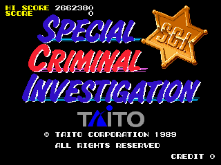 The title screen displays "SPECIAL CRIMINAL INVESTIGATION" in large stylized text, with purple and red lettering against a black background. A gold sheriff's star sits to the right of the title. Below the main text, "TAITO" appears in blue letters. Copyright text reading "© TAITO CORPORATION 1989" and "ALL RIGHTS RESERVED" is centered near the bottom, with "CREDIT 0" displayed in the lower right corner. A score display showing "HI SCORE 2662380" appears in yellow text at the top left.