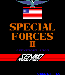 The title screen displays a blue eagle emblem at the top, beneath which sits a red and white American flag graphic. Large orange capital letters spelling "SPECIAL FORCES II" occupy the center, with smaller blue text reading "COPYRIGHT 1985" below. A red horizontal band stretches across the lower portion, containing white stylized text reading "IZMO" and "REVOLUTION" in a geometric font. The background is solid black, and small blue text appears at the very bottom of the screen.