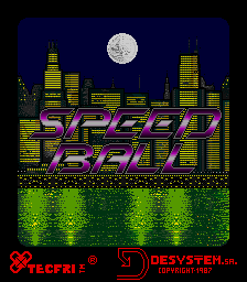 The title screen displays 'SPEED BALL' in large magenta letters centered on the screen, positioned over a pixelated cityscape with tall buildings in yellow and gray against a dark blue night sky with a full moon. Green grass or terrain forms the bottom portion. The developer credits 'TECFRI' and 'DESYSTEM S.A.' appear in red text at the lower left and right corners respectively. The overall visual style uses a 16-color pixel art palette typical of mid-1980s arcade hardware.