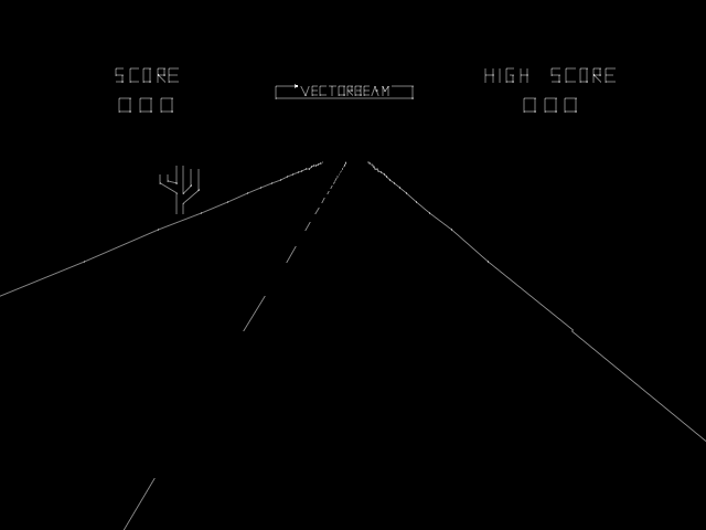 A vector-based arcade game screen featuring a first-person driving perspective down a road formed by two converging white lines against a black background. The word "VECTORBEAM" appears centered at the top. Score information displays in the upper left corner reading "SCORE" with three zeros, and upper right showing "HIGH SCORE" with three zeros. A small cactus sprite appears on the left side of the road in the middle distance. Additional diagonal line segments appear in the lower portion of the screen, suggesting approaching terrain or obstacles. The entire display uses simple white vector lines on a solid black background.