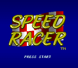 The title screen displays the yellow and red 'Speed Racer' logo in large, stylized lettering against a dark blue background. Below the title sits a small TM symbol in the upper right. The text 'PRESS START' appears in white, pixelated font in the lower center of the screen. The overall composition uses a simple, centered layout typical of early 1990s SNES title screens.