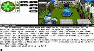 The screen displays an isometric view of a game environment with a large green courtyard and surrounding stone buildings. In the upper left, a green circular compass and character status menu show gameplay controls. The main viewport shows multiple NPCs scattered across the lawn area. Below the game window, white text displays dialogue and narrative information describing the player character's arrival at a location, mentioning months of travel, a stadium, and references to a British setting. The overall art style uses low-resolution pixel graphics typical of early 1990s DOS adventure games.