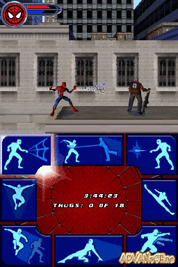 Spider-Man in red suit stands in fighting pose on a gray stone building facade with barred windows. An enemy character in dark clothing appears to the right. The top-left corner shows Spider-Man's health bar and icon. A red circular HUD element dominates the center-bottom with white text displaying "3:58:23" and "THUGS: 0 OF 10". Below the main view, a blue grid displays nine pixelated fighting stance poses. The art style uses low-resolution sprites typical of Nintendo DS games.